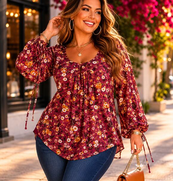 Stem & Vine Tops - Stem & Vine Floral Peasant Blouse 2X Burgundy Boho Balloon Sleeve Plus